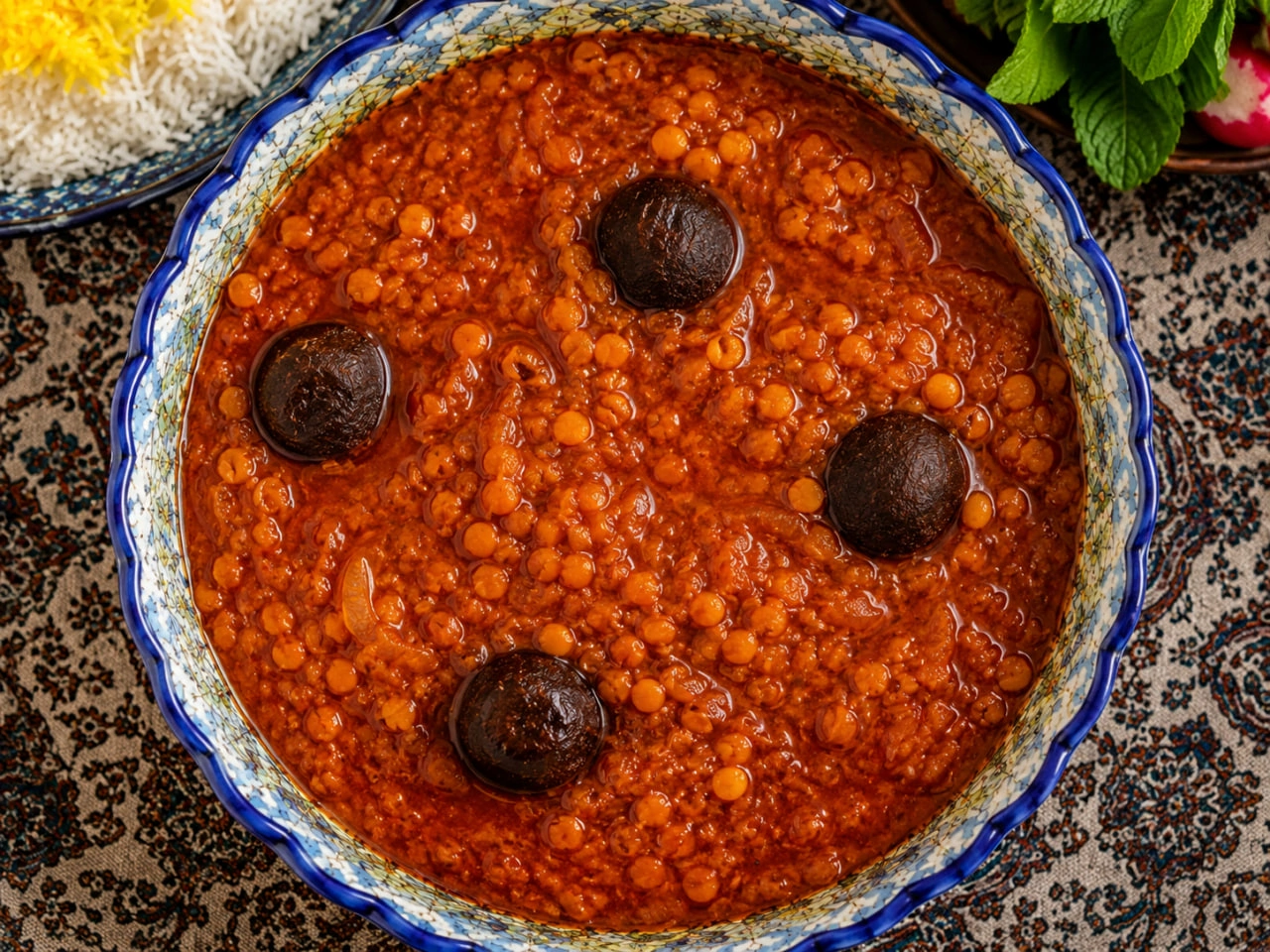خورشت قیمه بدون روغن و سیب زمینی سرخ شده